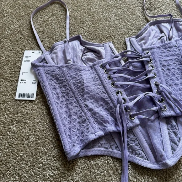 NWT Urban Outfitters Lilac Mesh Crop Corset Lace Up Top - Picture 6 of 7